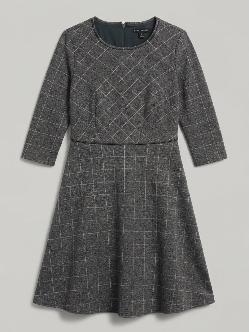 Banana Republic Gray Windowpane Plaid Fit & Flare Dress Size 12 3/4 Sleeve Dark